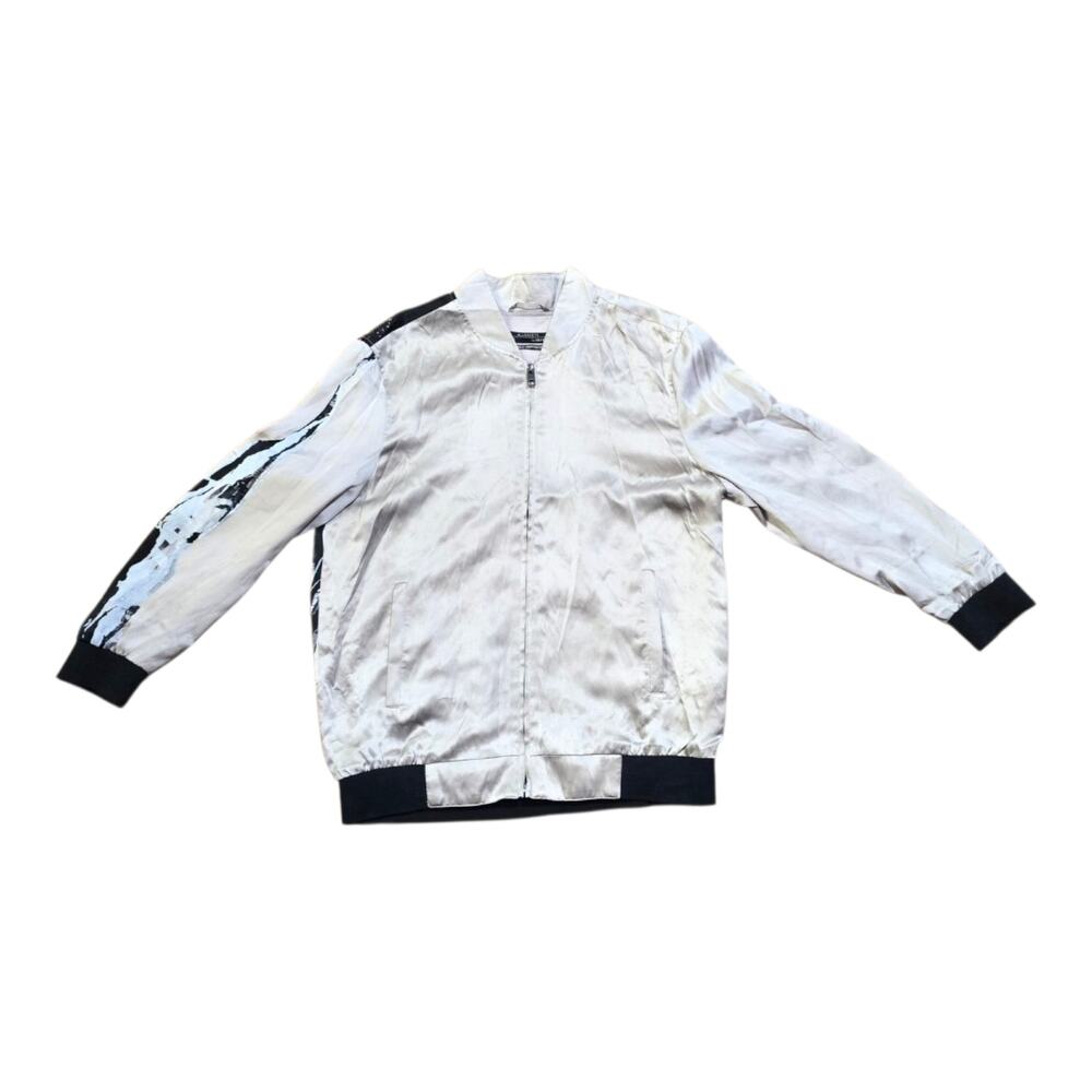 AllSaints Abstract Ink Graphic Modern Grunge Streetwear Silk Bomber Jacket Sz 4